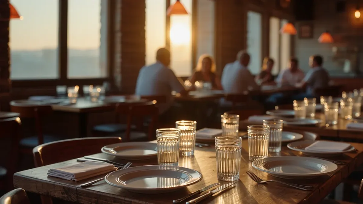 A warm, half-full independent restaurant dining room at golden hour with simply set tables in soft natural light