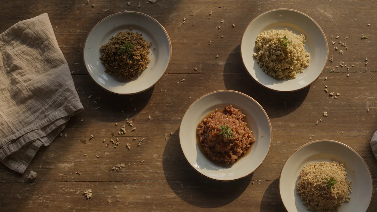 An overhead view of three simply plated dishes on a worn wooden table in warm natural light