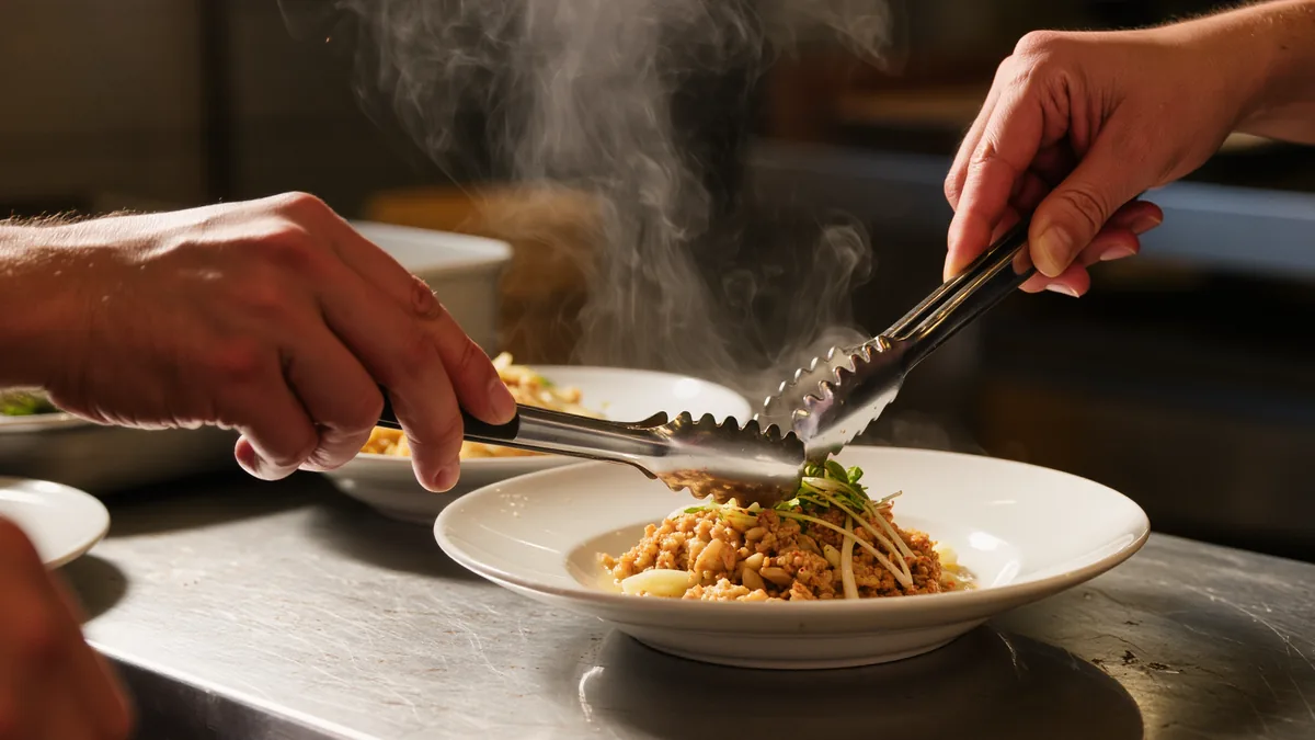 A cook's hands finishing a plated dish with tongs on a stainless steel restaurant line in warm light
