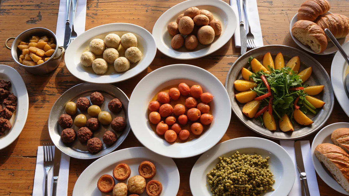 An overhead spread of several plated dishes on a worn wooden restaurant table in warm natural light