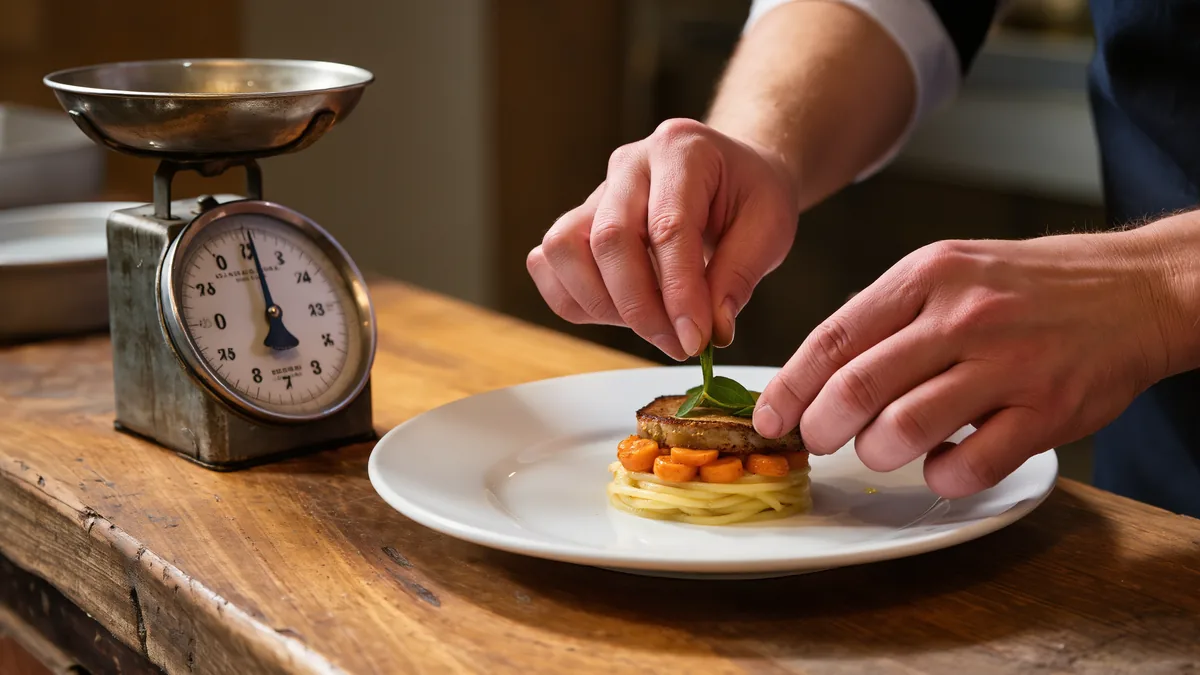A cook's hands plating a single dish beside a small kitchen scale on a worn wooden counter in warm light
