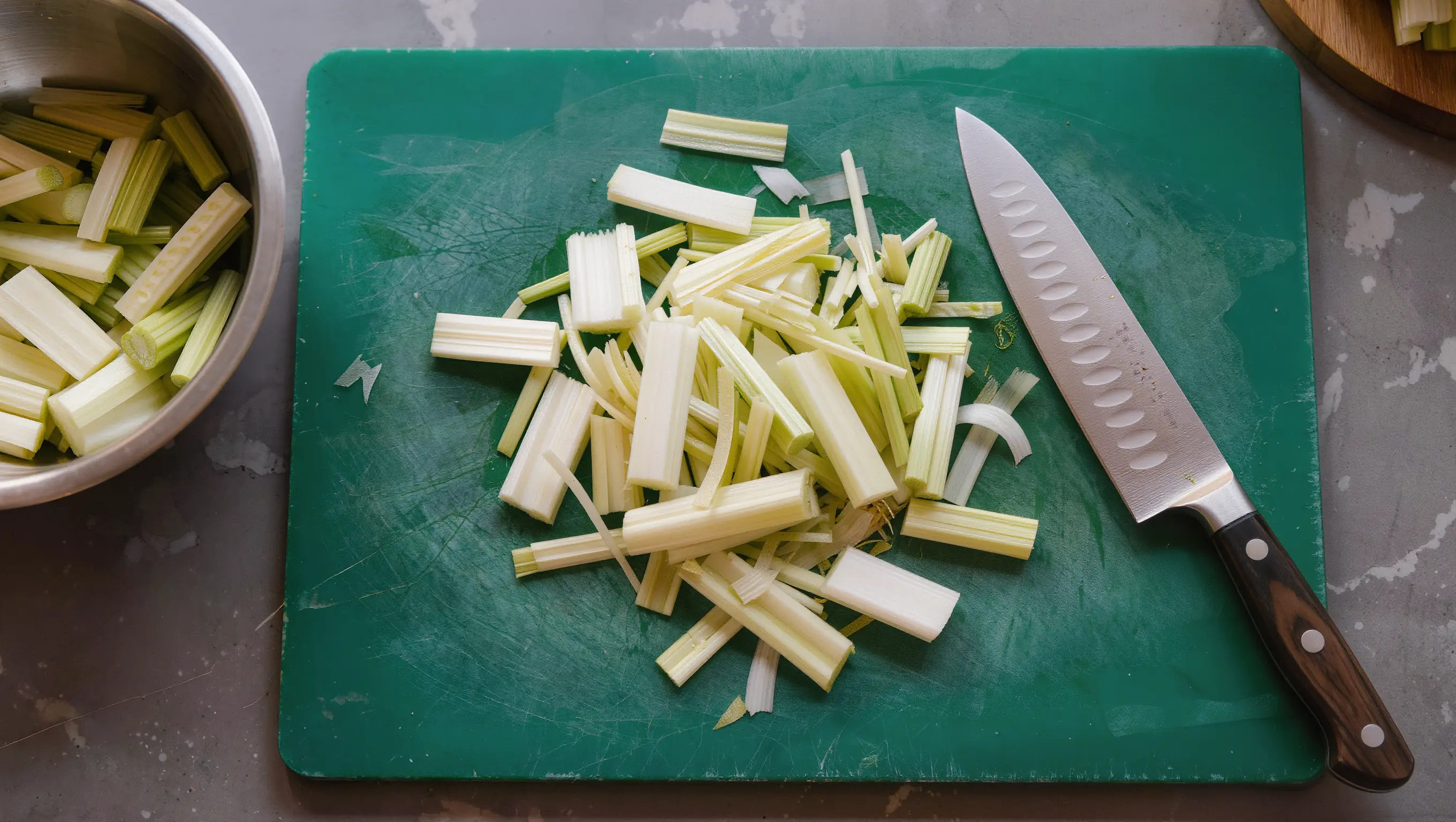 Vegetable trim and peelings beside a cutting board during prep