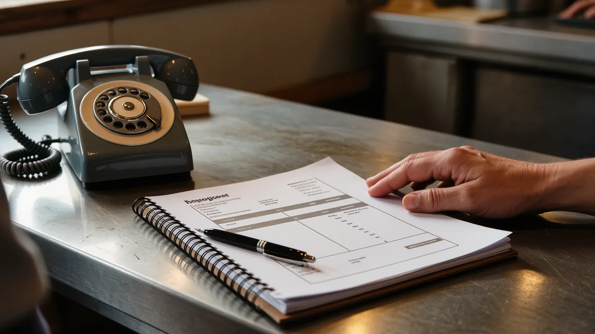 A supplier invoice on a notebook with a pen beside a desk phone on a stainless steel prep counter, an owner's hand resting on the paperwork