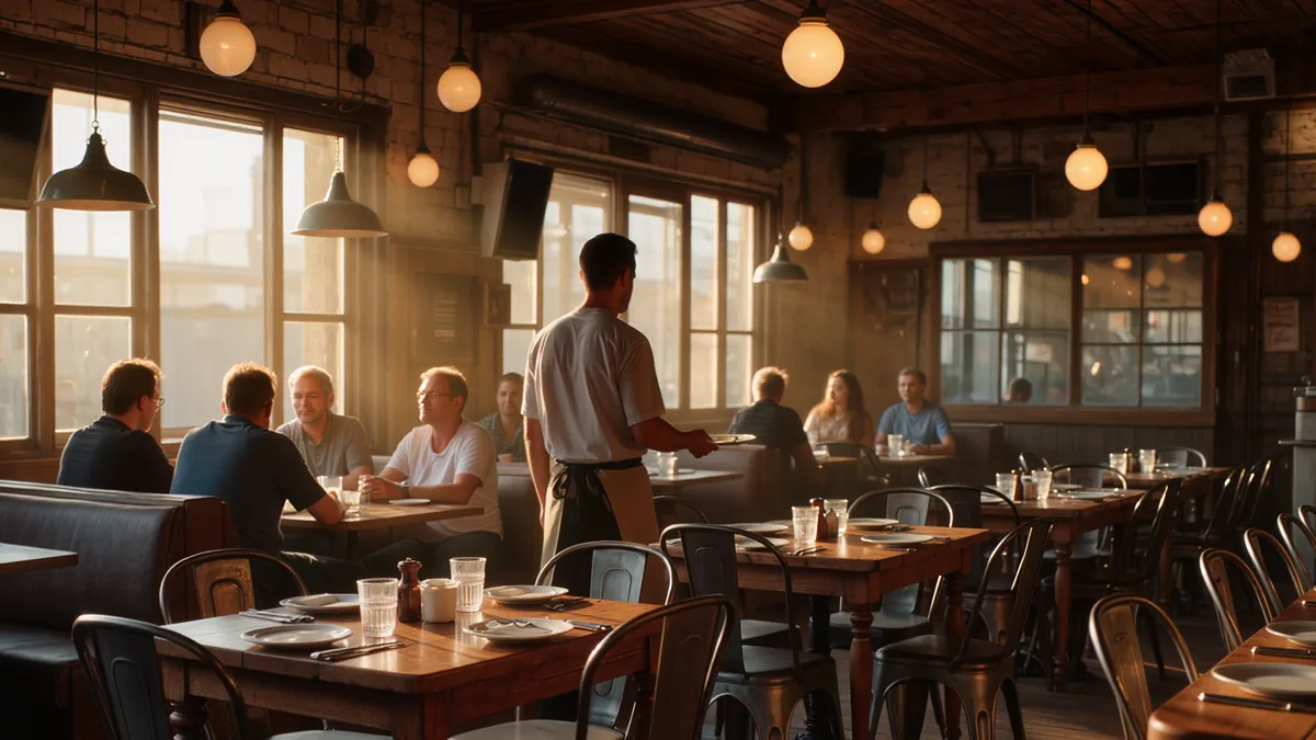 A warm, half-full independent restaurant dining room at golden hour with softly out-of-focus diners and a server carrying plates