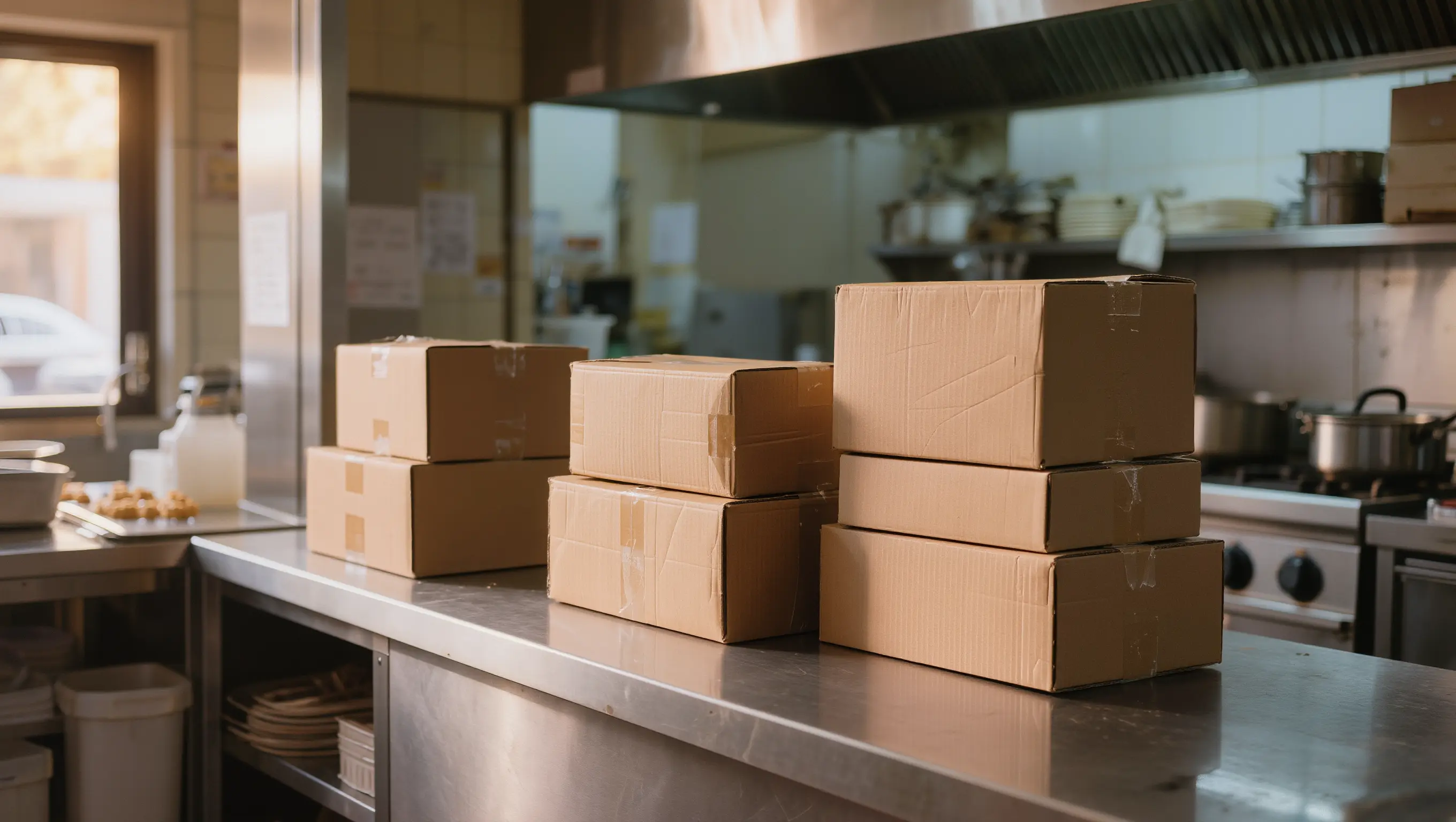 A chef on the phone in a kitchen as a delivery order comes in during service