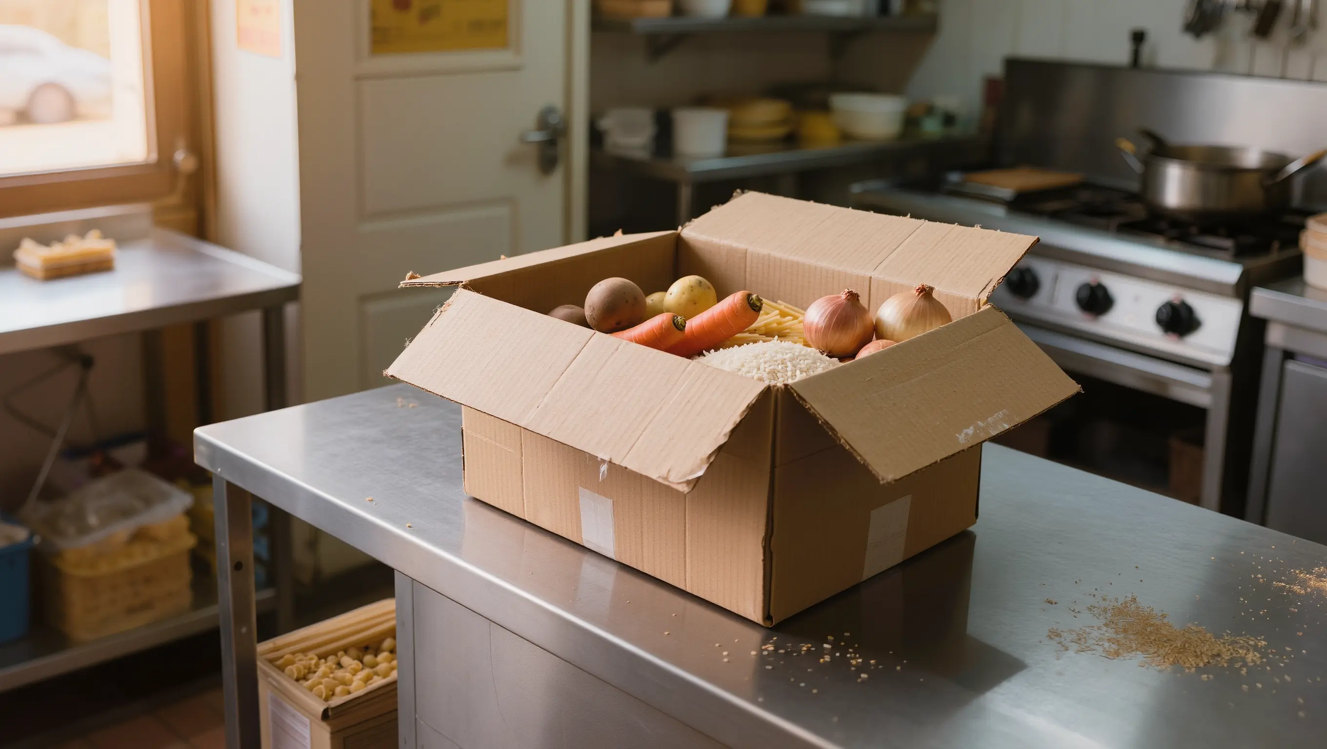 Two supplier invoices laid side by side on a stainless steel prep counter
