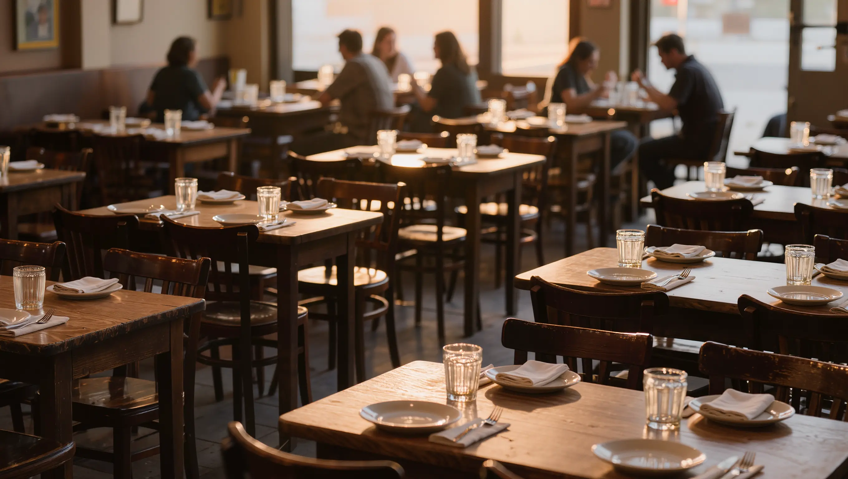 A busy restaurant kitchen during service, plates lined up at the pass